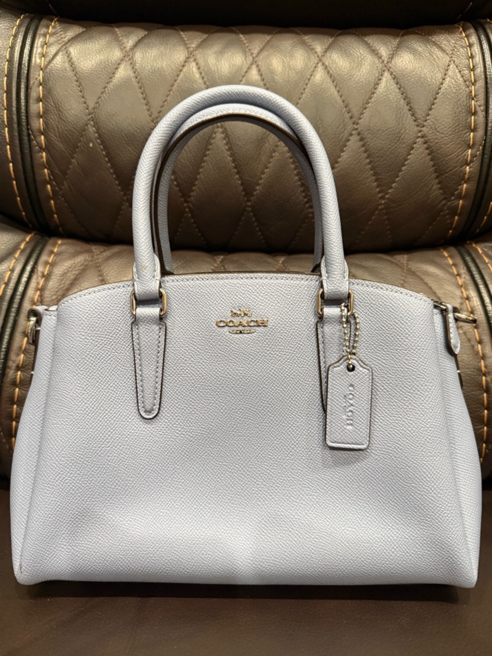 COACH Pebbled Leather Satchel in Light Blue-Gray